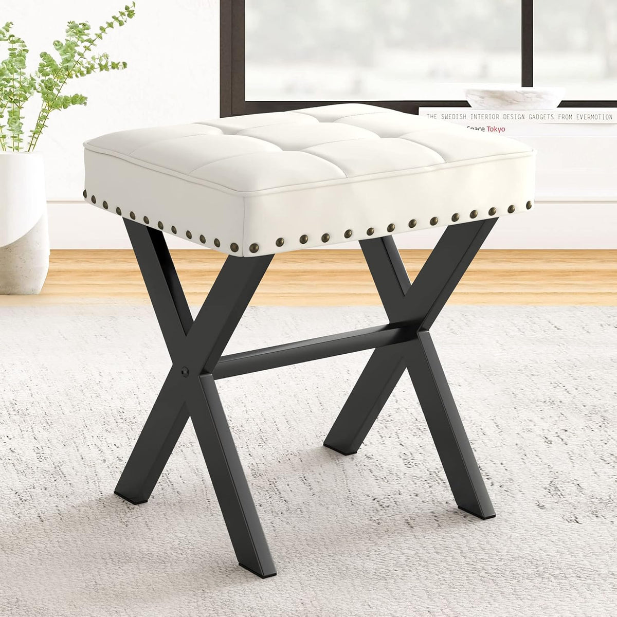 Vanity Stool, Square Linen Makeup Stool with Metal X Legs, Small Ottoman Stool Chair for Vanity, Modern Padded Vanity Seat Foot Rest Stool for Makeup Room, Living Room, Bathroom, Carbon Gray
