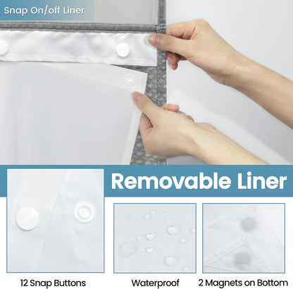 Grey Shower Curtain and Liner Set - 230GSM Waffle Weave Textured Heavy Duty,Hotel Luxury Weighted Bath Curtain,71W x 74H