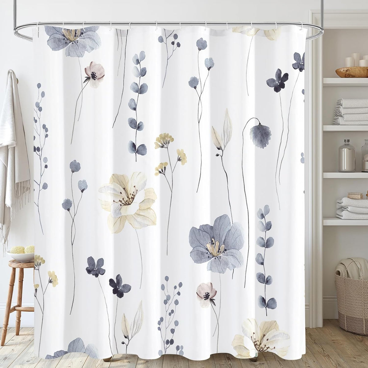 Watercolor Floral Shower Curtain, Sage Green Beige Flower Shower Curtain for Bathroom, Modern Minimalist White Waterproof Fabric Shower Curtain Set 72x72 Inch