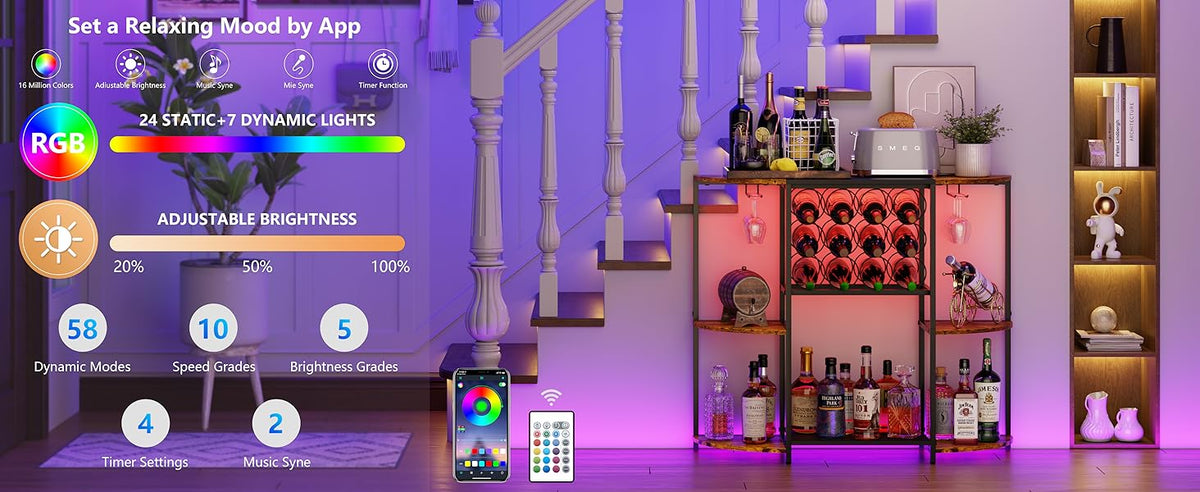 JKsmart Wine Bar Cabinet with LED Lights, Mini Wine Rack with Storage and Glass Holder, Home Bar Cart for Liquor, 3-Tier Bar Table for Kitchen, Dining Room, Living Room, Rustic Brown