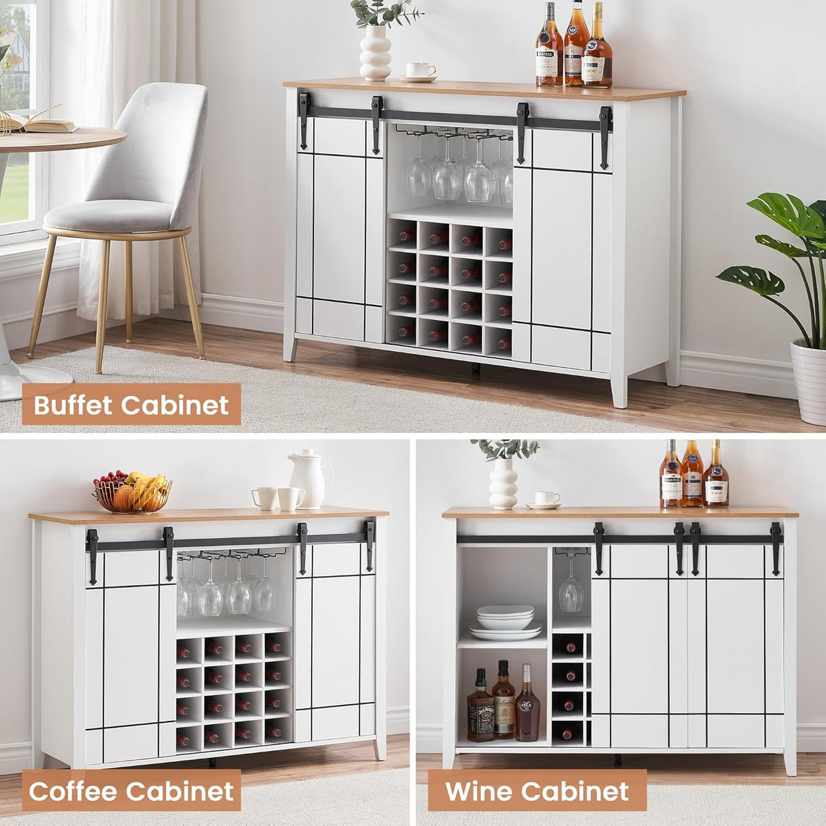 GAOMON Farmhouse Coffee Bar Cabinet 47", Buffet Cabinet with Sliding Barn Door, Coffee Bar with 4 Glass Hooks and 16 Wine Racks for Kitchen, Dining and Living Room, White