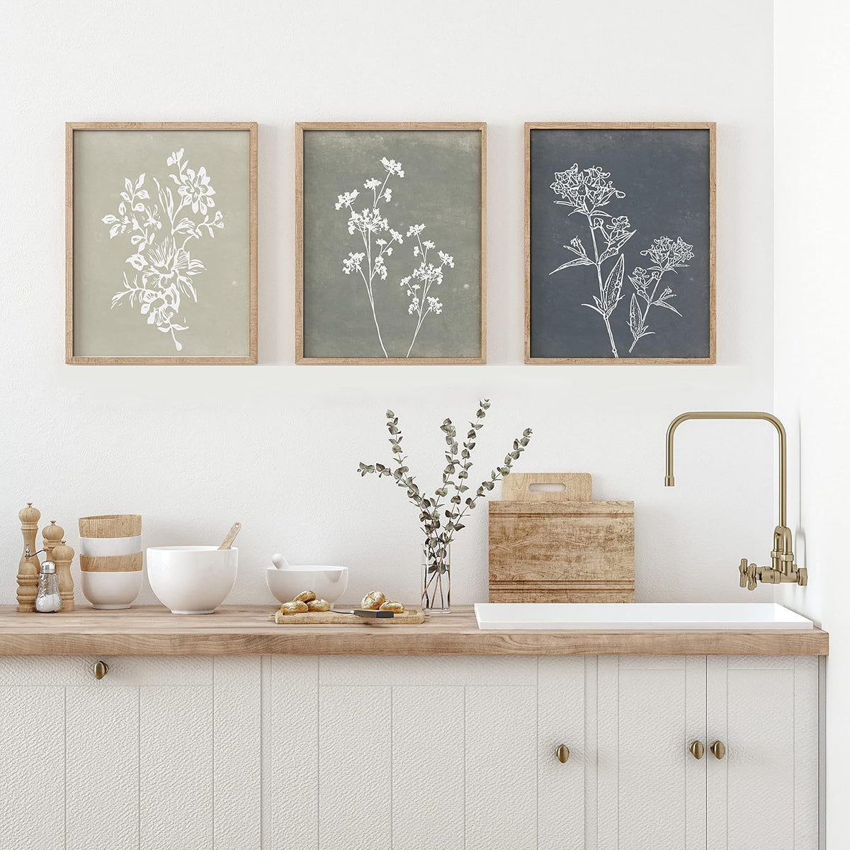 Framed Boho Wall Art Set of 4 for Wooded Minimalist Botanical Print Wall Art for Rustic Vintage Farmhouse Home Kitchen Wall Decor (Brown, 11x14)