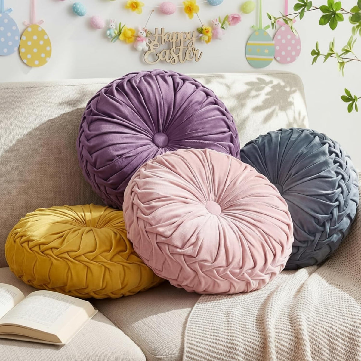Kathfly Set of 4 Decorative Round Pleated Throw Pillows, Classy Velvet Pumpkin Round Throw Pillows, Decorative Floor Pillow for Bed Chair Home Sofa Decor, 14" Diameter(Colorful)