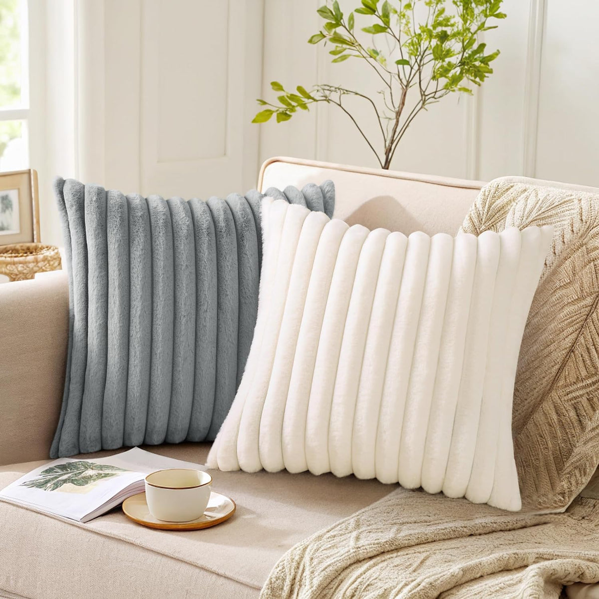 Pallene Faux Fur Plush Throw Pillow Covers 18x18 Set of 2, Luxury Soft Fluffy Striped Decorative Pillow Covers for Sofa, Couch, Living Room, Cream White
