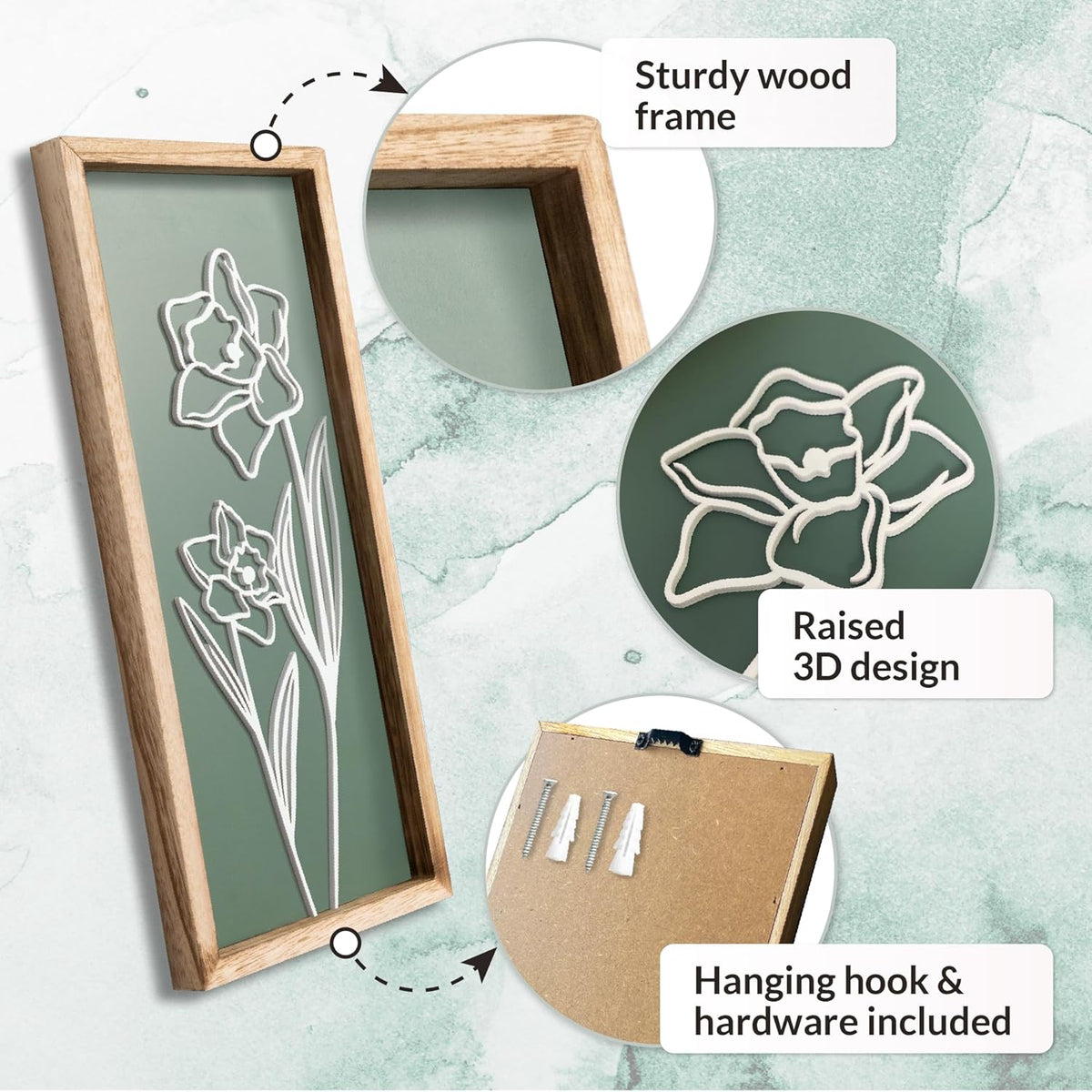 3D Floral Green Wall Art (Set of 2) Lightweight, Wooden Ready-to-Hang Boho Framed Wall Art for Bathroom, Bedroom, Living Room or Office – Premium Sage Green Farmhouse Decor – Gift-Boxed