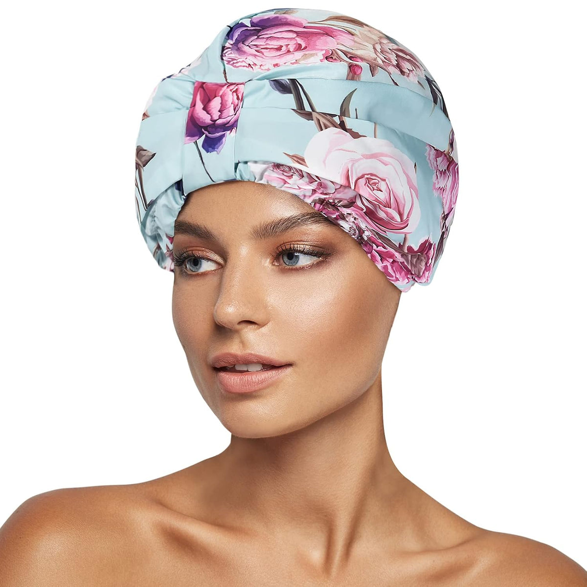 Luxury Shower Cap for Women Reusable Waterproof, Double Layered Shower Hair Cap with Adjustable Elastic Strap, Large Satin Lined Shower Bath Cap for Long Curly Straight Hair, Blue