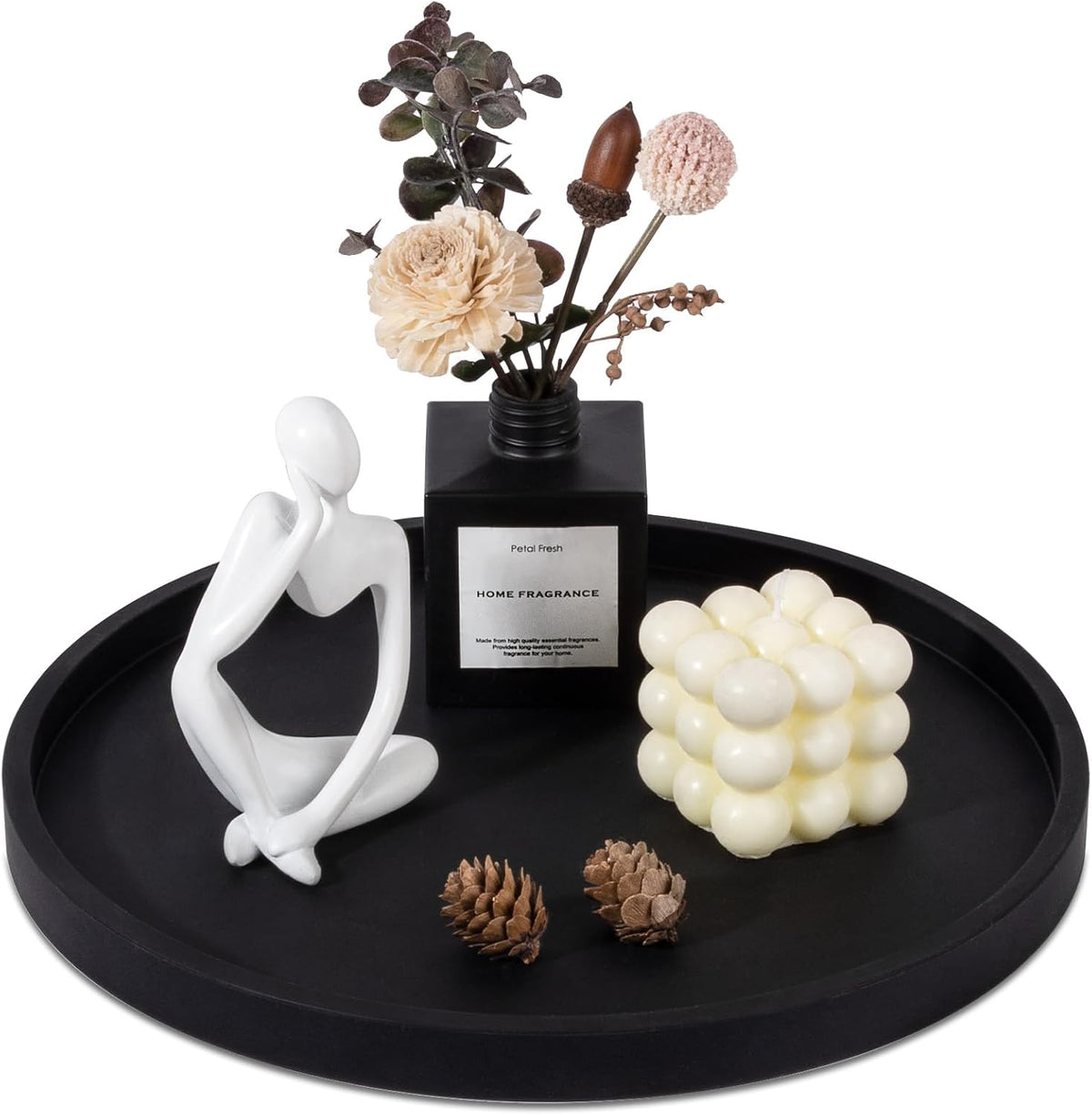 Silicone Bathroom Tray Round Vanity Tray Decorative Soap Holder Kitchen Countertop Organizer Coffee Table Decor for Candle, Perfume, Plant, 9 Inch, Black