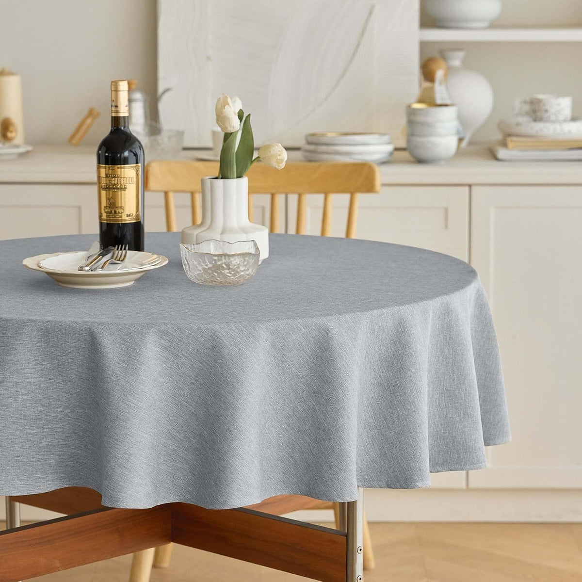Decorelia Faux Linen Round Tablecloths 60 inch, Waterproof Decorative Washable Texture Rustic Circle Table Cloth Cover for Dining Kitchen Party Farmhouse Outdoor(Round (2-4 Seats),Sage Green)