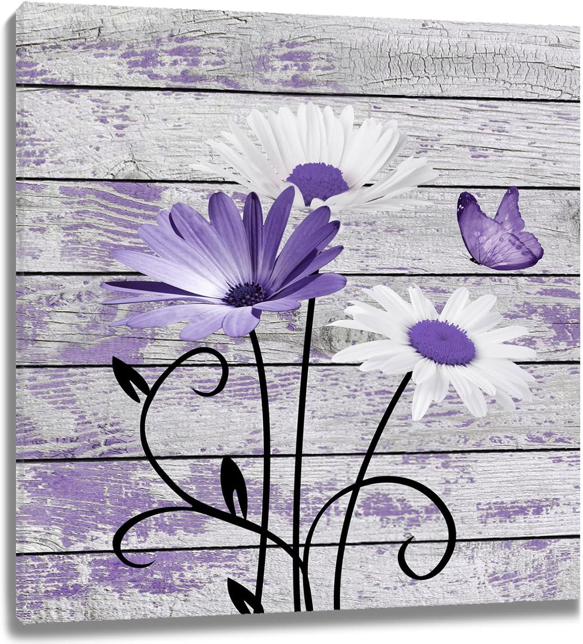 Farmhouse Floral Wall Art for Living Room, Blue and White Daisy Flower and Butterfly on Rustic Wood Board Canvas Wall Art Framed Artwork Ready to Hang for Bathroom Bedroom Decor, 16L X 12W