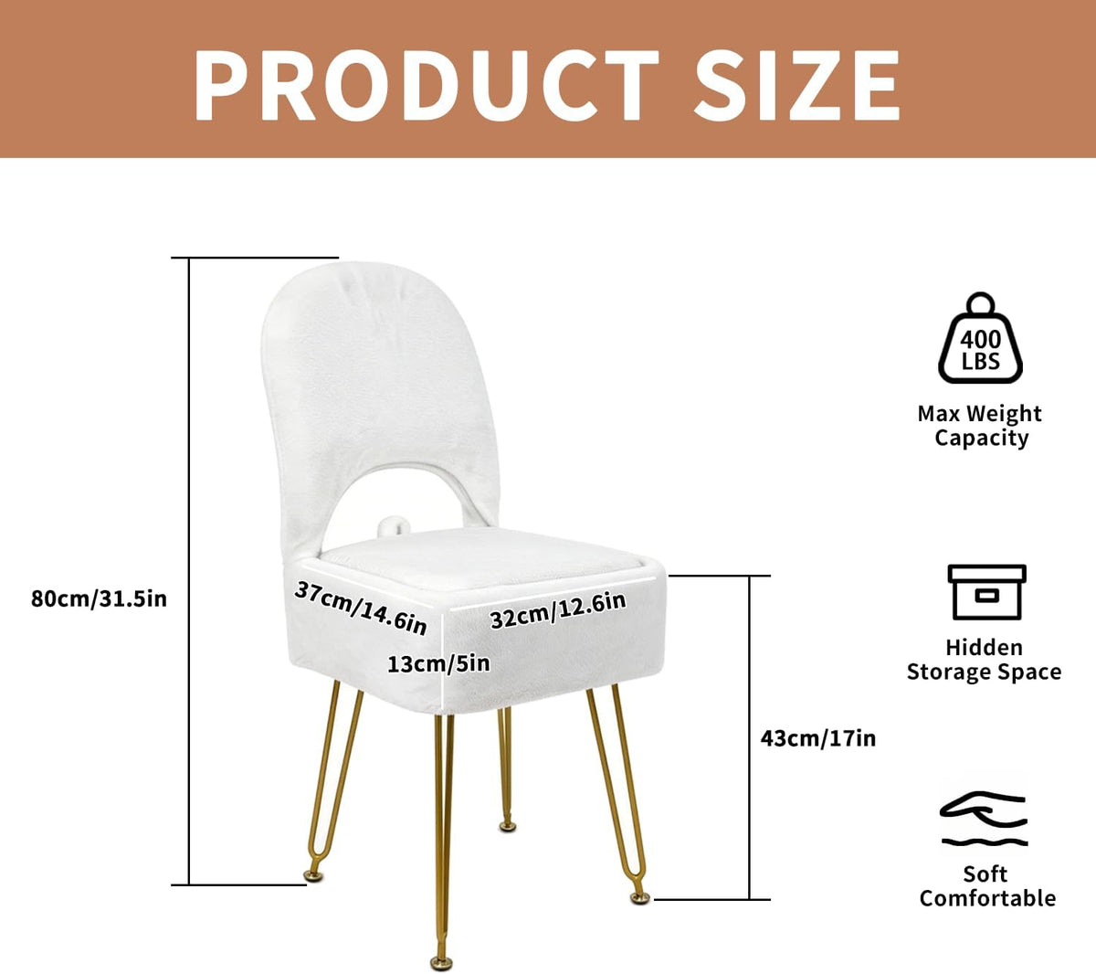 New Upgrade Small Vanity Chair with Storage and Folding Back, White Vanity Stool wiht Ergonomic Backrest and Metal Legs, Furry Padded Ottoman for Makeup Room, Bedroom