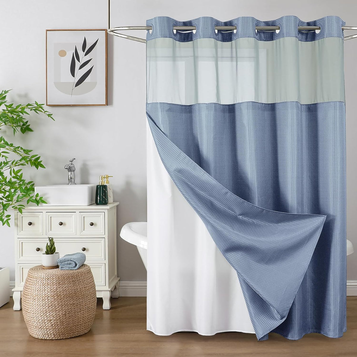 No Hook Waffle Shower Curtain with Snap in Fabric, Waterproof Shower Curtains with See Through Top Window, Hotel Luxury Heavy Duty Bathroom Curtain and Liner Set, 72'' x 75'', Black