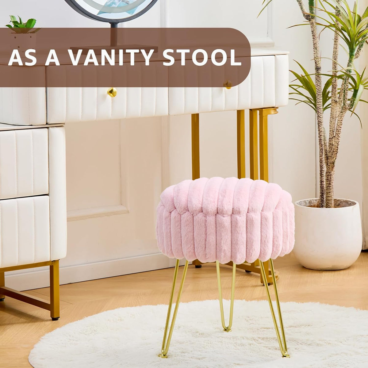 Vanity Stool with Storage, Faux Fur Ottoman Chair with Metal Legs, Round Makeup Vanity Chair for Bedroom or Dressing Table, Modern Small Ottoman Seat (Pink)