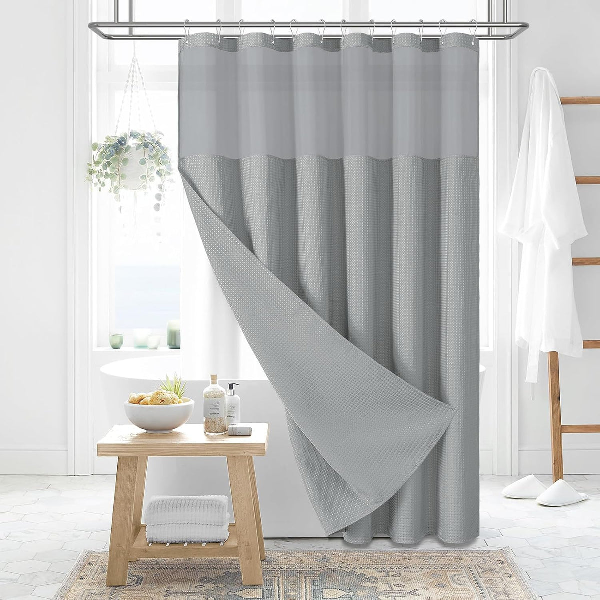 Dynamene Sage Green Shower Curtain - Waffle Textured Heavy Duty Thick Fabric Shower Curtains for Bathroom, 256GSM Luxury Weighted Polyester Cloth Bath Curtain Set with 12 Plastic Hooks，72Wx72H,Green