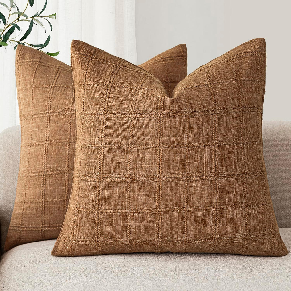 Foindtower Set of 2 Decorative Linen Check Throw Pillow Covers Neutral Farmhouse Vintage Cushion Covers Modern Boho Home Decor for Sofa Chair Couch Bedroom Living Room,18×18 Inch,Natural Beige