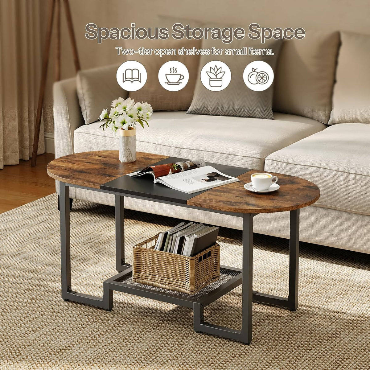 HOOBRO Coffee Table, Oval Small Coffee Table with 2-Tier Storage Shelf, Narrow Modern Center Table for Small Spaces, Living Room, Bedroom, Office, Rustic Brown and Black BFK12KF01